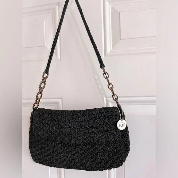 The Sak Black Crochet Flap Snap Closure Faux Tortoise Links Shoulder Mini Bag - Picture 2 of 11